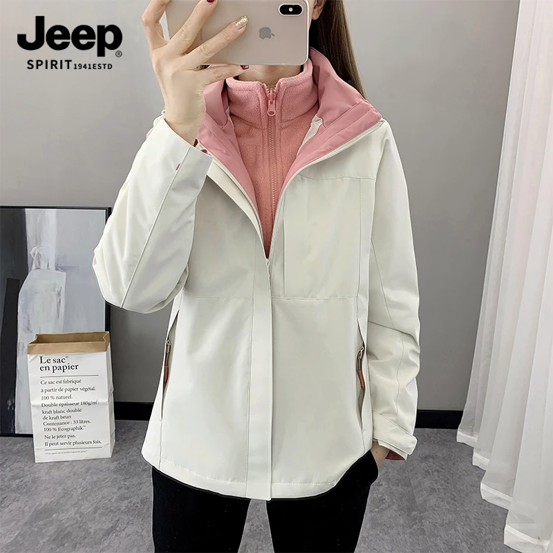 Jeep吉普户外冲锋衣女士秋冬季新款三合一可拆卸登山服薄款外套男