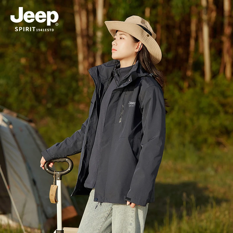 Jeep吉普山系冲锋衣女款三合一可拆卸加厚男外套秋冬季滑雪登山服
