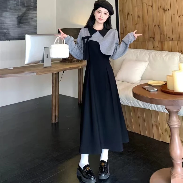 秋冬季甜美高级感收腰显瘦连衣裙外衣两件套套装