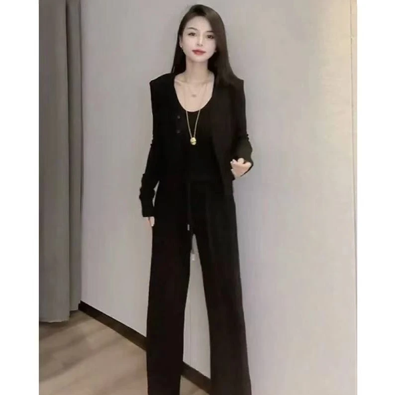 秋季慵懒风纯色松紧高腰显瘦阔腿裤吊带背心显瘦上衣三件套套装