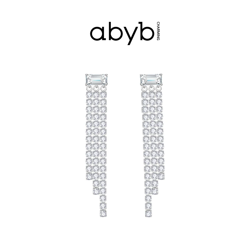 ABYBCHARMING 铜合金玻璃耳饰 潮汐耳环百搭长款镶嵌白色高级流苏