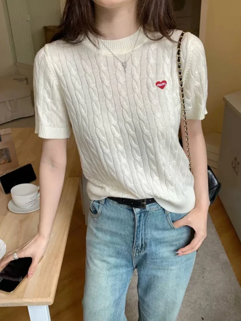 冰丝爱心刺绣麻花针织衫女2025夏季新款圆领百搭时尚短袖T恤T668
