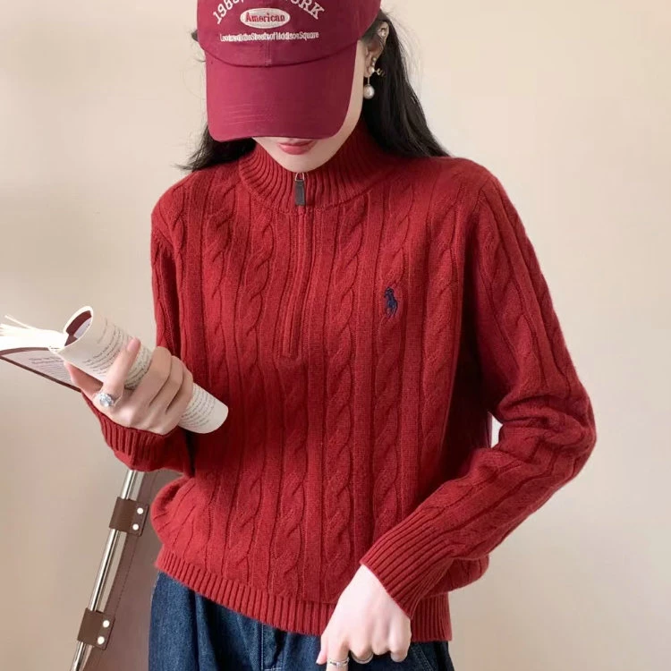 刺绣麻花针织衫女秋冬2025新款毛衣拉链半开领百搭长袖上衣女J808