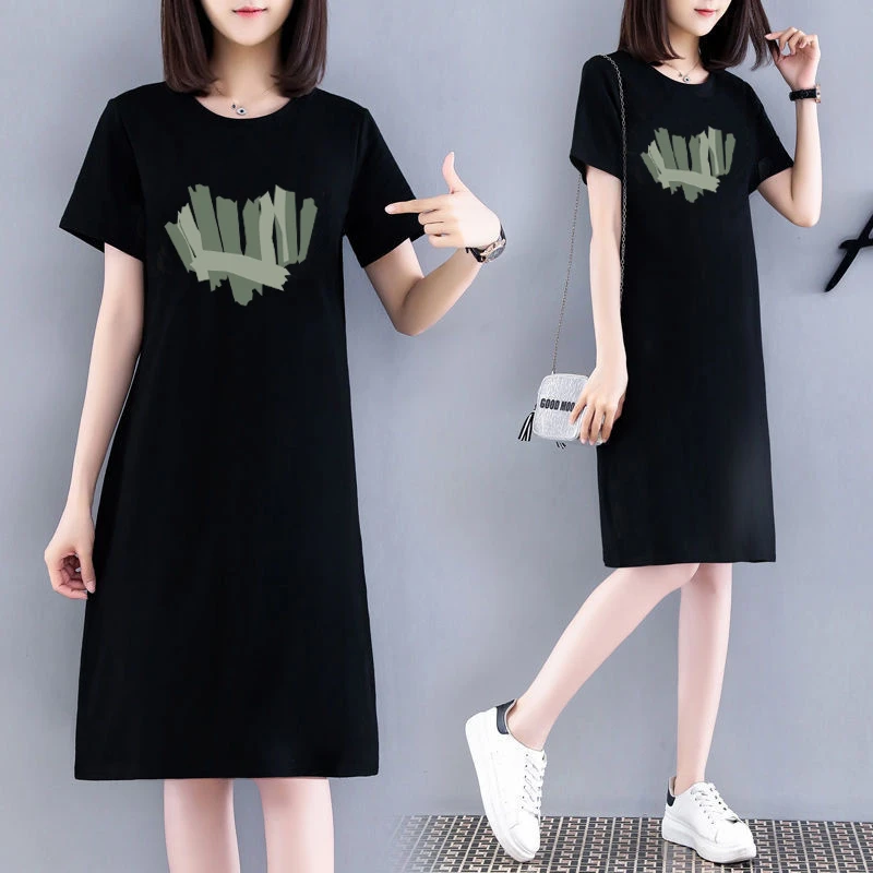 过膝家居服连衣裙夏季中长款休闲薄款短袖大码宽松时尚连衣裙女夏