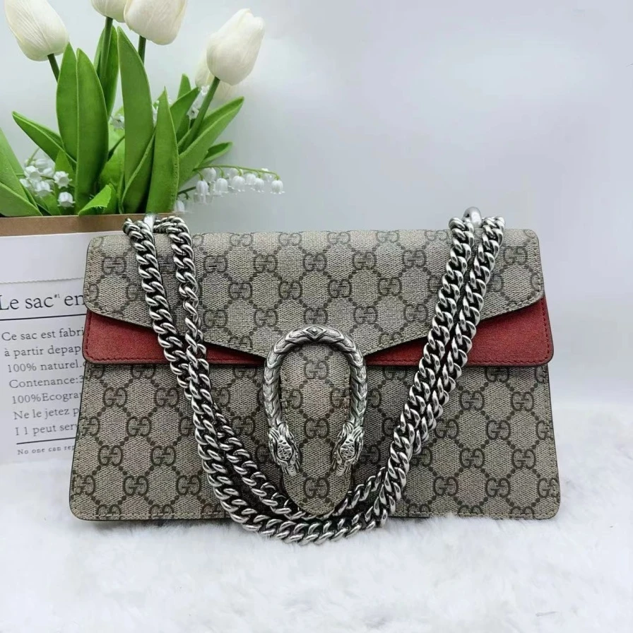 95新 GUCCI/古驰  老花拼红酒神链条包 899 2507