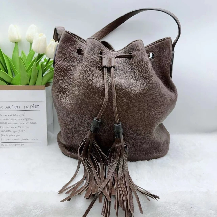 95新 GUCCI/古驰 深棕色流苏水桶包 895 0937