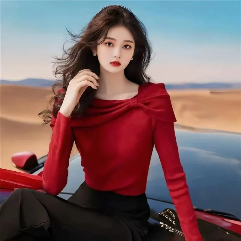 红色秋冬一字蝴蝶结法式打底气质新款显瘦毛衣针织衫长袖修身上衣
