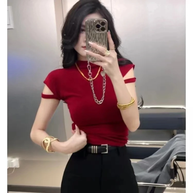 2024年夏季新款辣妹性感镂空短袖小高领短款T恤女