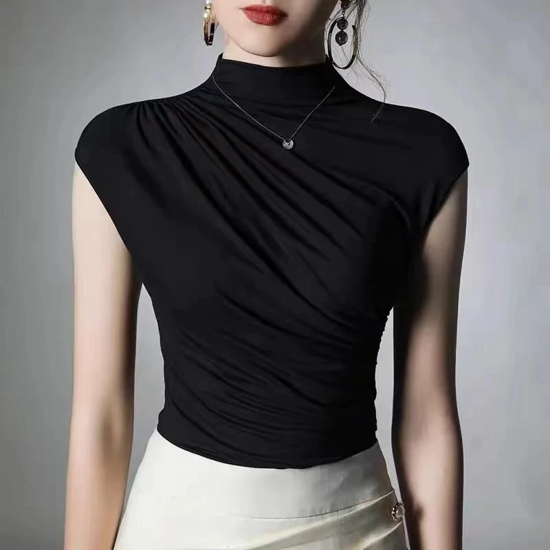 褶皱收腰t恤女设计感不规则包肩袖显瘦打底衫内搭半高领无袖上衣