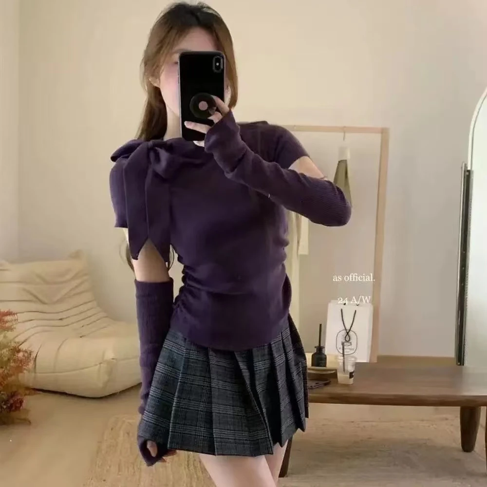 2024高领袖套针织衫上衣系带长袖蝴蝶结新款显瘦打底短款辣妹