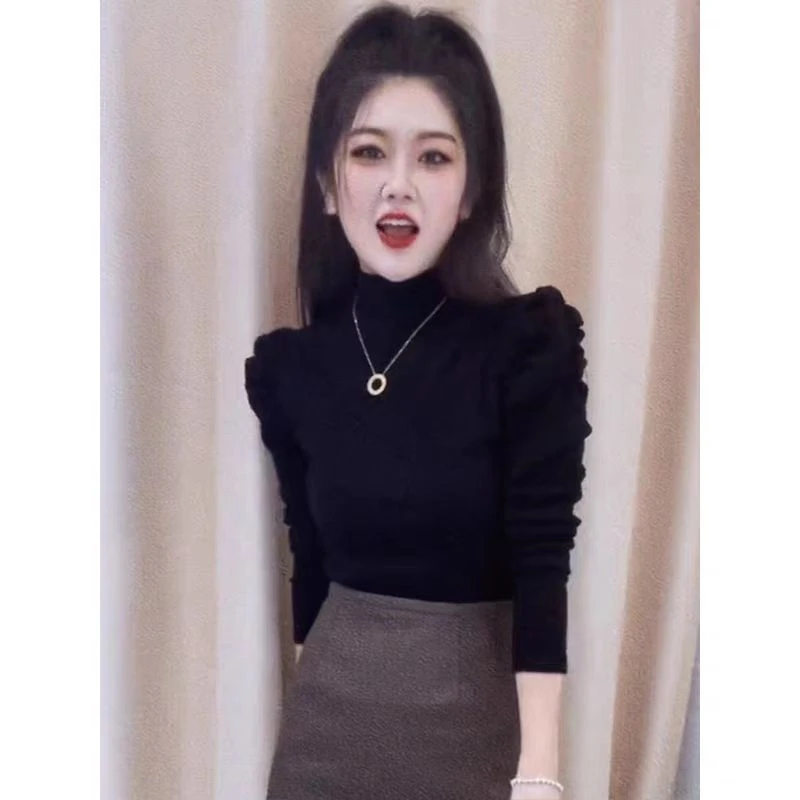 半高领泡泡袖打底衫女春秋新款时尚洋气百搭减龄显瘦T恤