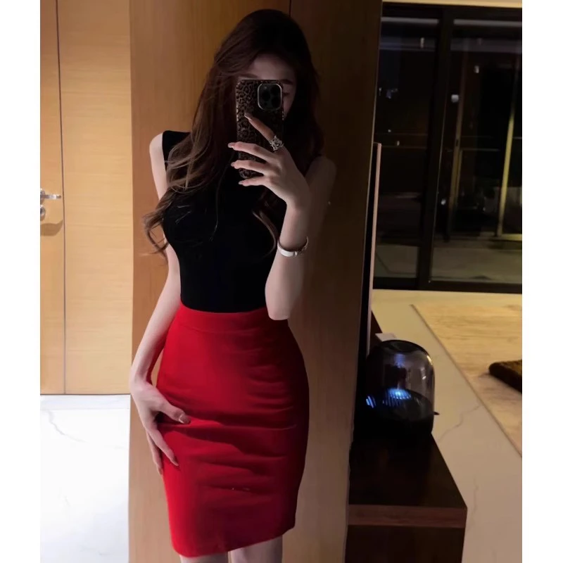 2015修身性感包臀裙无袖半高领打底衫套装