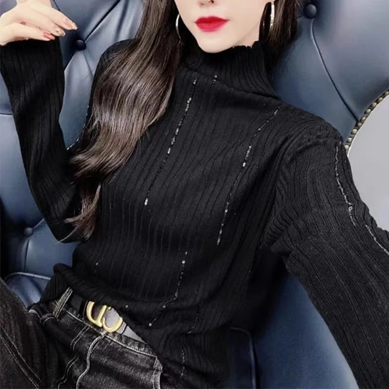 毛衣女欧货针织衫高领打底衫女秋冬洋气修身内搭软糯亮片长袖上衣