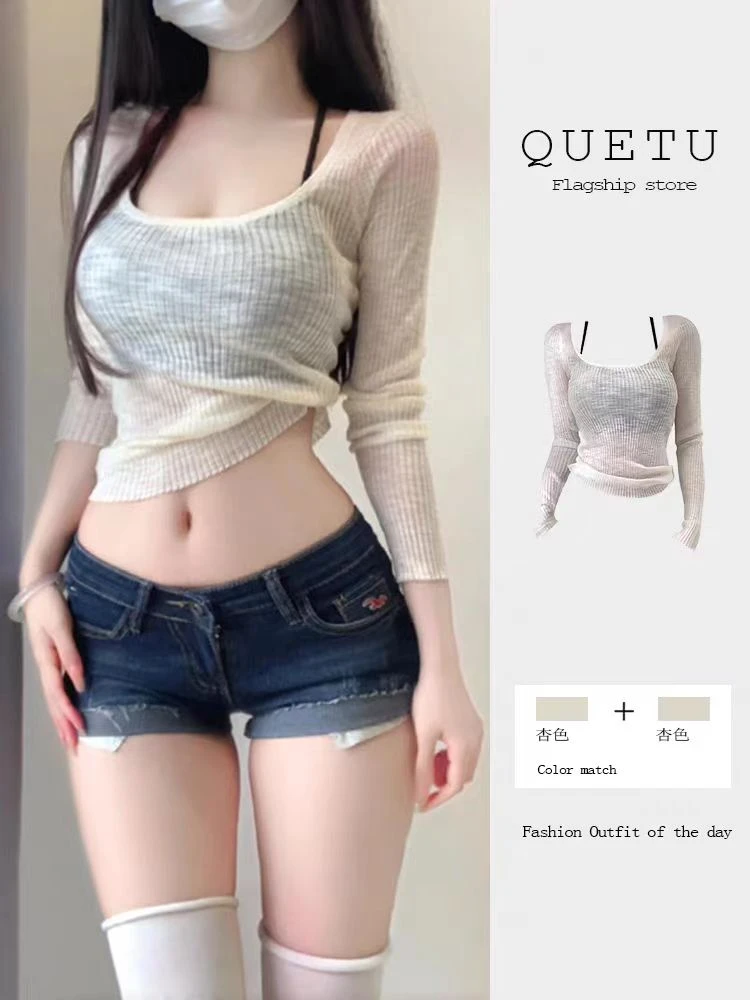 纯欲风性感微透长袖针织罩衫女秋季独特超好看短款修身甜辣小上衣