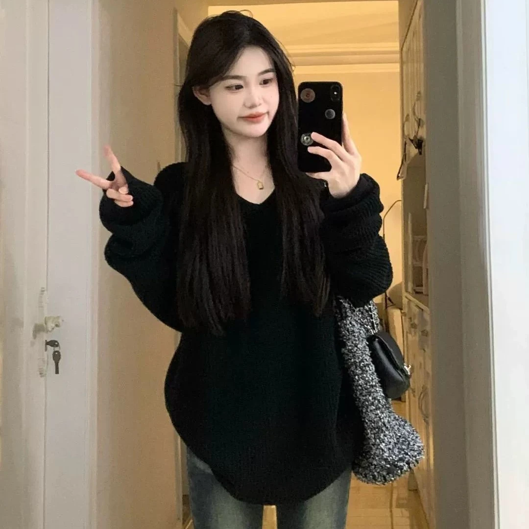 孕妇装V领毛衣女装宽松秋天慵懒风上衣显瘦黑色针织春秋季打底衫