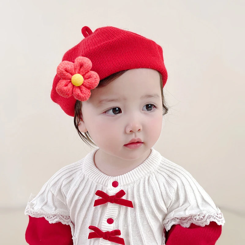 新年红色婴儿帽子女宝宝时尚蝴蝶结花朵毛线南瓜帽儿童时尚贝雷帽