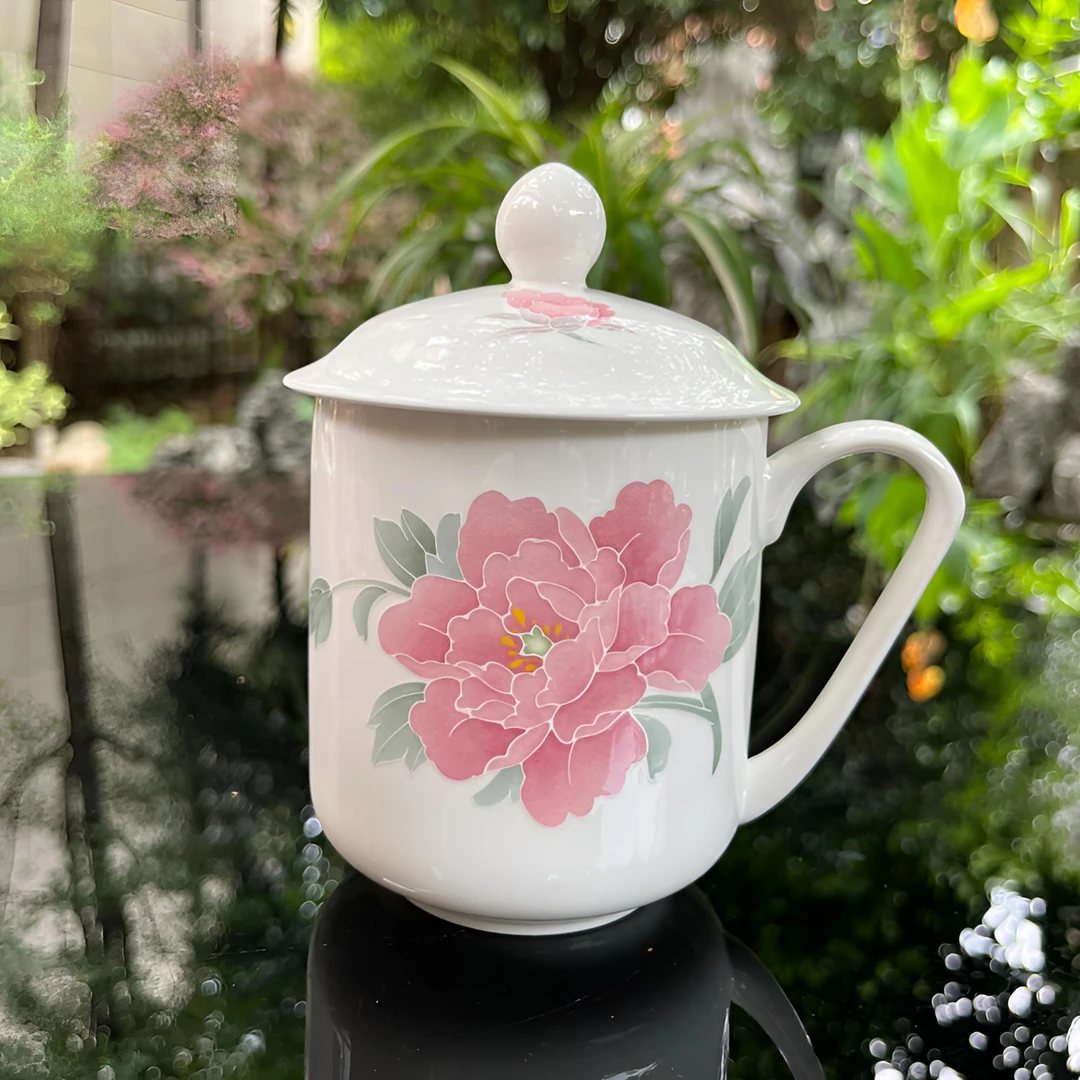 国牡丹手绘带盖迎宾杯老板杯水杯茶杯大容量陶瓷家用水杯咖啡杯