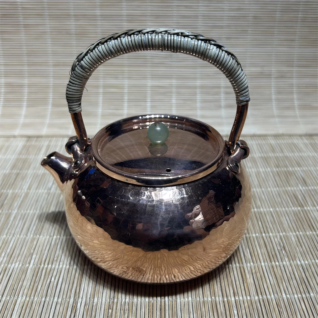 A280cc紫铜扁圆壶一张打手工锤纹 镜面原铜色提梁煮茶壶 泡茶壶