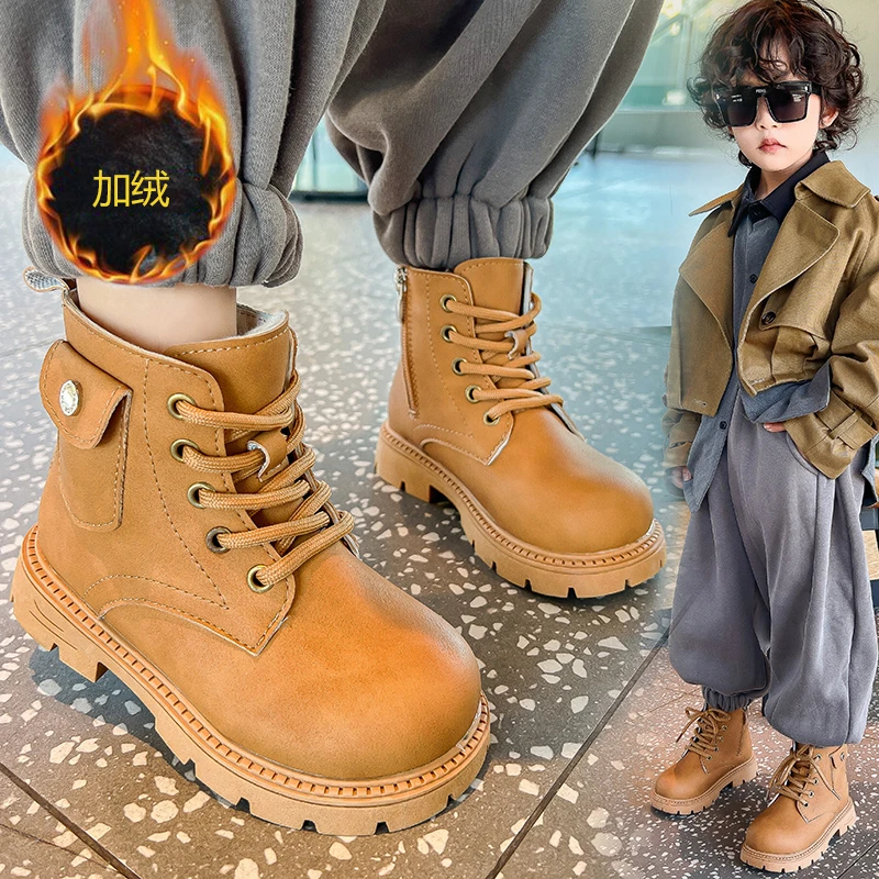 男童大黄靴加绒保暖冬鞋2024新款短靴男孩时尚软底马丁靴潮流棉鞋