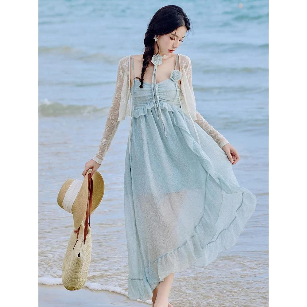 森系超仙荷叶边吊带连衣裙女夏2024新款海边度假风氛围感仙女长裙