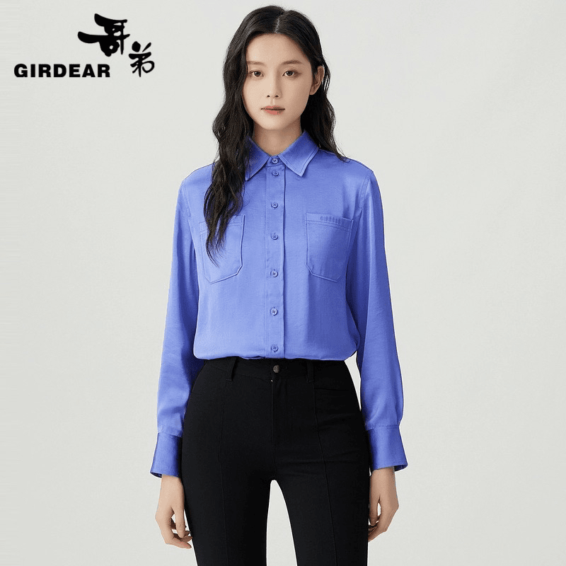 GIRDEAR/哥弟1300797翻领亲肤双口袋简约通勤职业长袖衬衫女