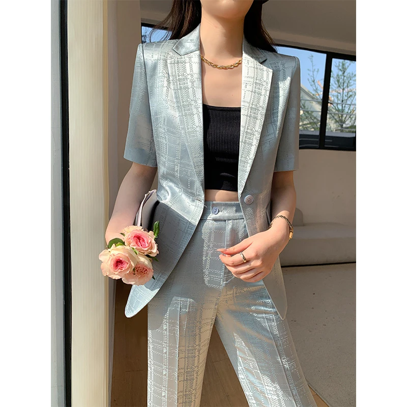 醋酸面料夏季西装套装女薄款通勤职业2023新款高级感短袖休闲西服