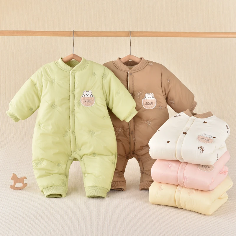 【秋冬上新】婴儿连体夹棉加厚棉衣新生幼儿爬服萌娃五色刺绣小熊