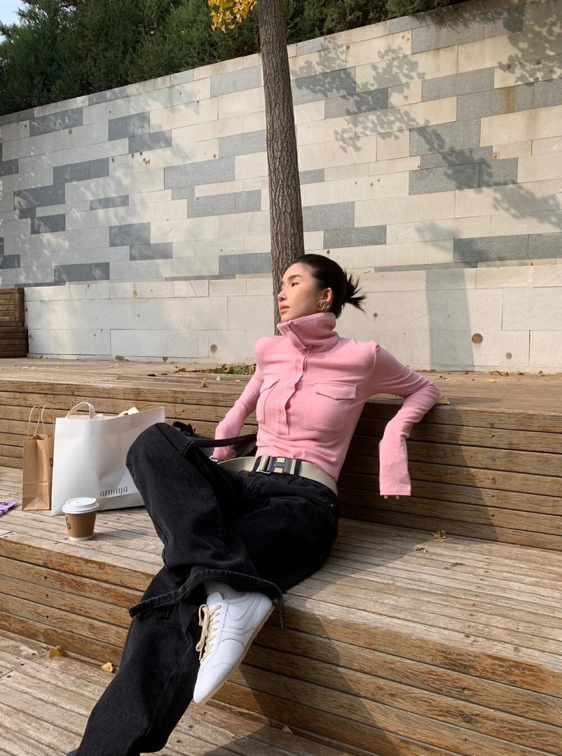 【ALL IN】设计感扣子立领天丝羊毛长袖T恤0219#