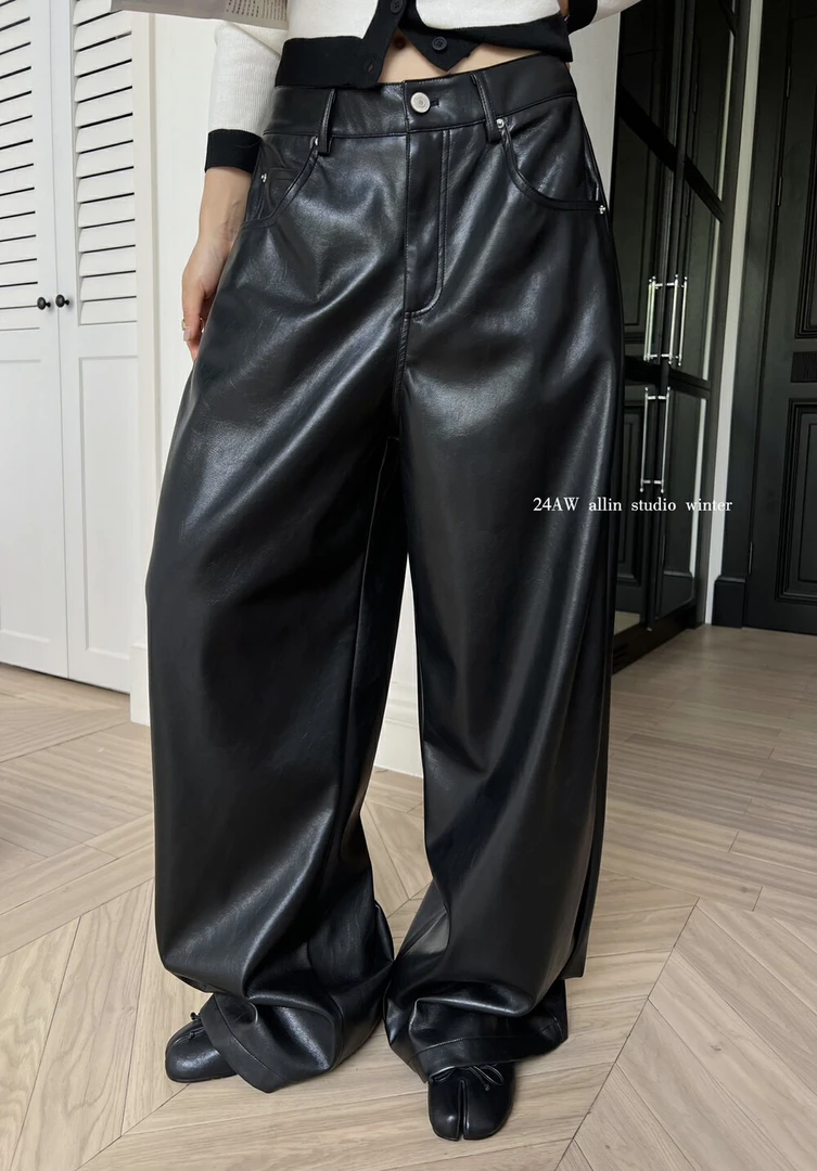 【ALL IN】韩风时尚潮酷百搭显瘦蛋白皮阔腿皮裤0206#