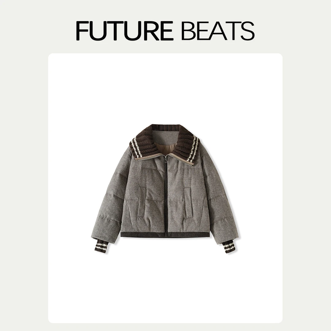 FUTURE BEATS拼接款时尚保暖厚实感羊毛人字纹羽绒外套TSFKK348