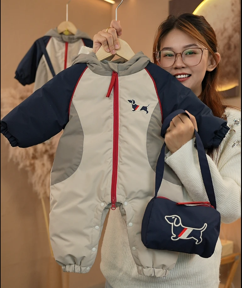 【腊肠狗狗】2024冬季新款90白鸭绒婴幼儿男女宝宝羽绒服哈衣连体衣