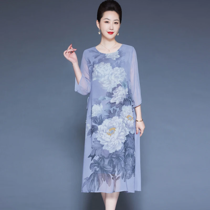 新中式妈妈真丝连衣裙女夏季新款中袖高端宽松桑蚕丝印花过膝长裙
