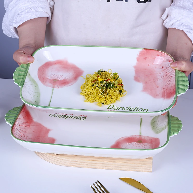 高级感陶瓷鱼碗鱼盆餐具鱼盘家用双耳蒸鱼盘子长方形装大菜盘鱼碟