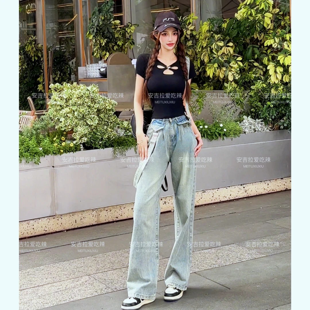 背带牛仔裤女2024新款爆款可拆卸復古高腰宽松直筒阔腿裤反季裤子