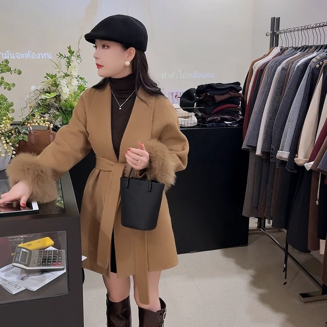 秋冬气质百搭时尚韩版显瘦双面羊毛大衣毛毛袖短款宽松毛呢外套