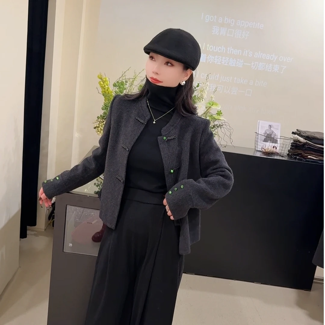2024秋冬新款时尚百搭短款双面羊毛大衣灰色小香风韩版羊毛外套