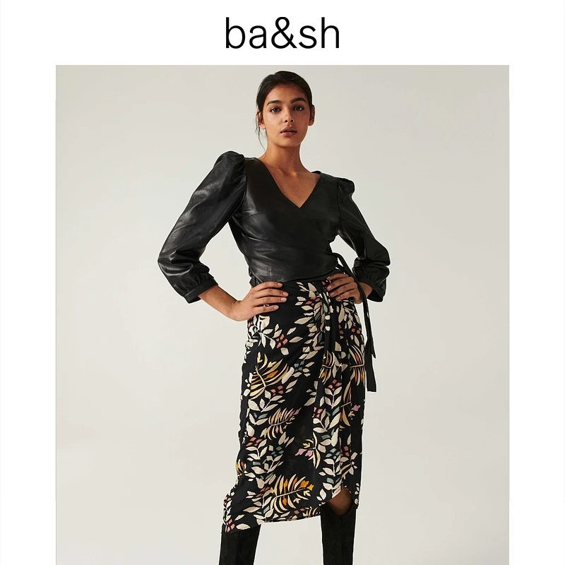 【过季款下架】ba&sh设计感收褶印花文艺系带中长款半身裙1H22CHRI