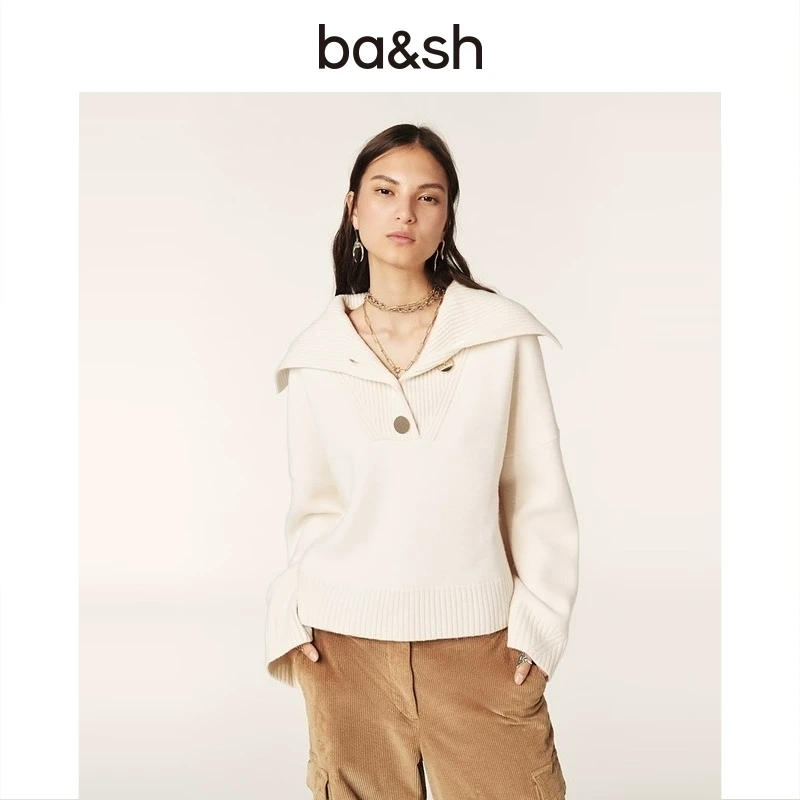 【流光风】ba&sh 秋冬毛衣羊毛混纺大翻领奶油色法式针织衫1H24BIVA