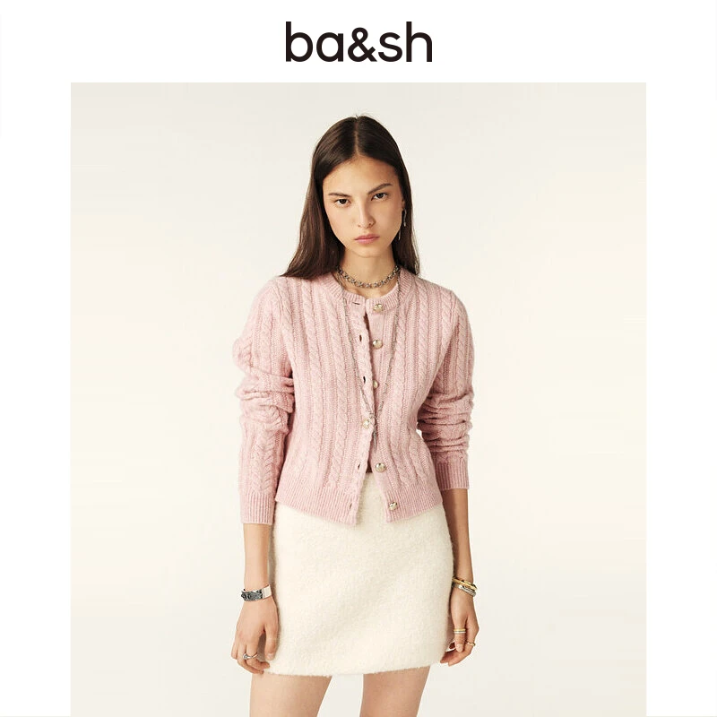 ba&sh秋新款高级感纯山羊绒开衫柔和桃粉辫子针织衫1H24WIPP