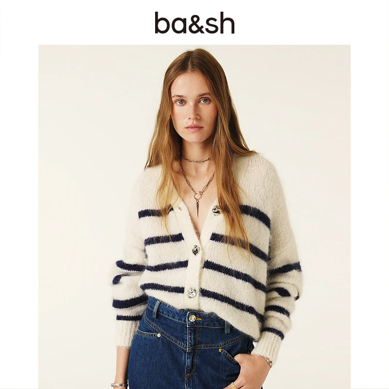 ba&sh新款秋冬高级感开衫V领条纹软糯羊驼毛针织衫1H24THEU