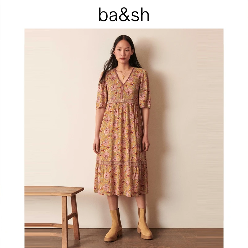 ba&sh浪漫春夏法式复古玫红碎花沙滩连衣裙1E22VAHI