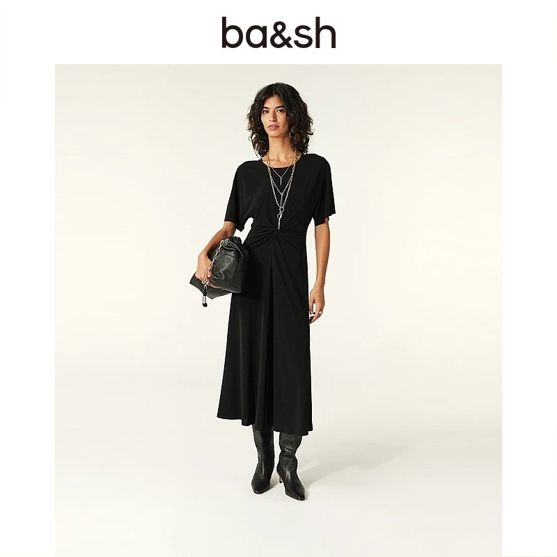 【欧若风】ba&sh新款春夏短袖冰丝扭结长款法式连衣裙1H24JOLY