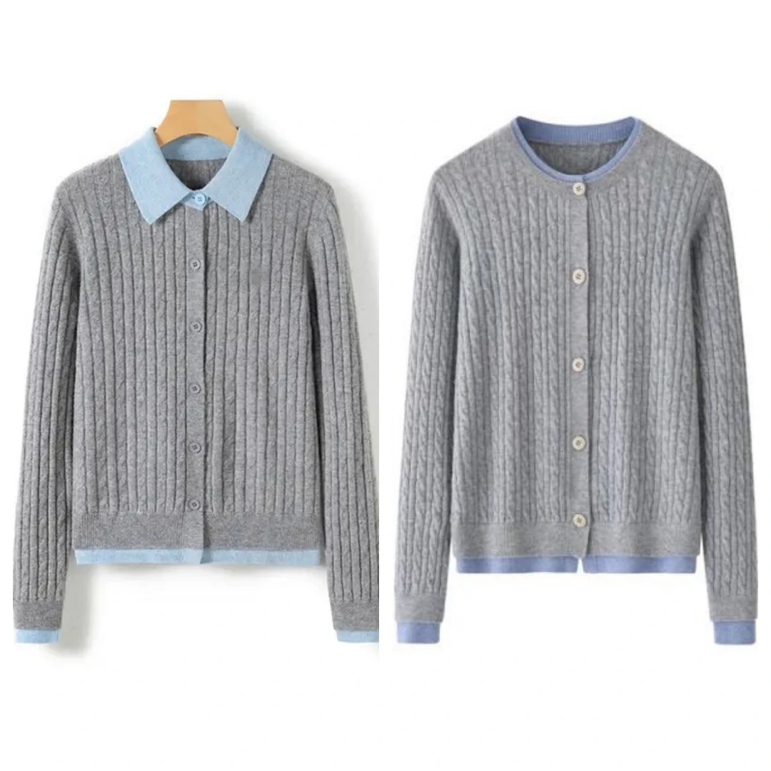 100%澳洲羊毛百搭纯羊毛假两件开衫女麻花polo领打底长袖毛上衣