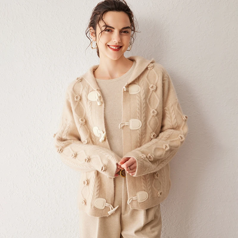 秋冬新款100%山羊绒重工钩花羊绒开衫针织时尚休闲连帽宽松加厚