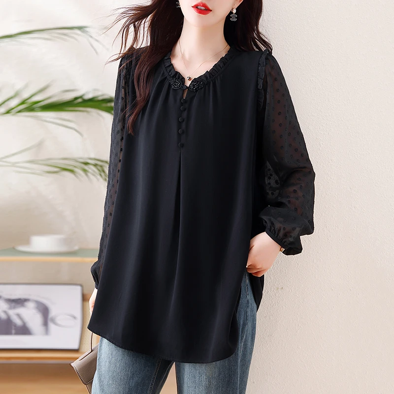 新中式妈妈装高级感气质长袖上衣春季大码宽松显瘦百搭套头衬衫女