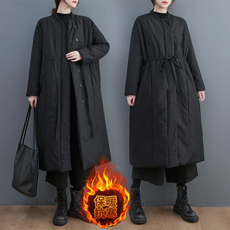洋气减龄时尚大码韩版单排扣小众棉衣女休闲过膝抽绳宽松保暖棉服