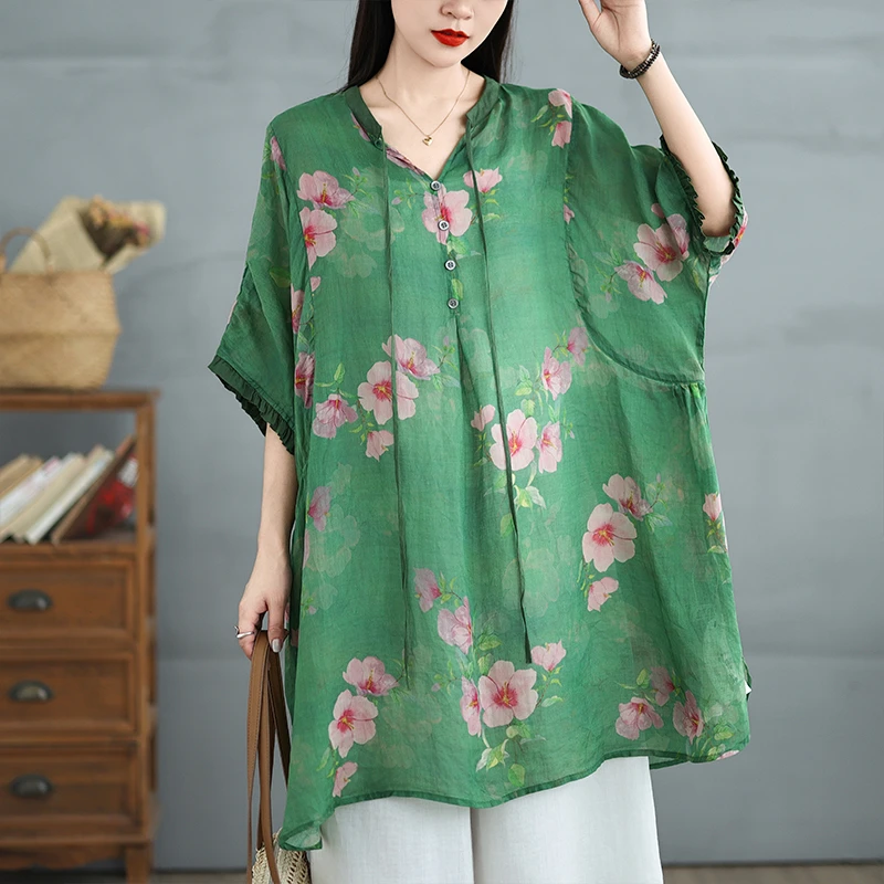 小清新文艺大码时尚V领轻薄娃娃衫洋气减龄短袖温柔风宽松上衣女