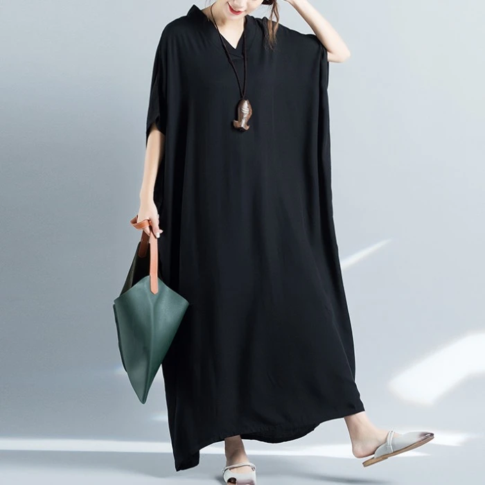 民族风夏季特大码200斤时尚V领过膝连衣裙加肥宽松藏肉遮肚子长裙