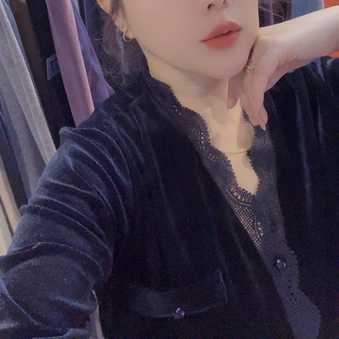 慧安妮塔2024新款金丝绒睡衣女性感蕾丝长袖冬季家居服套装