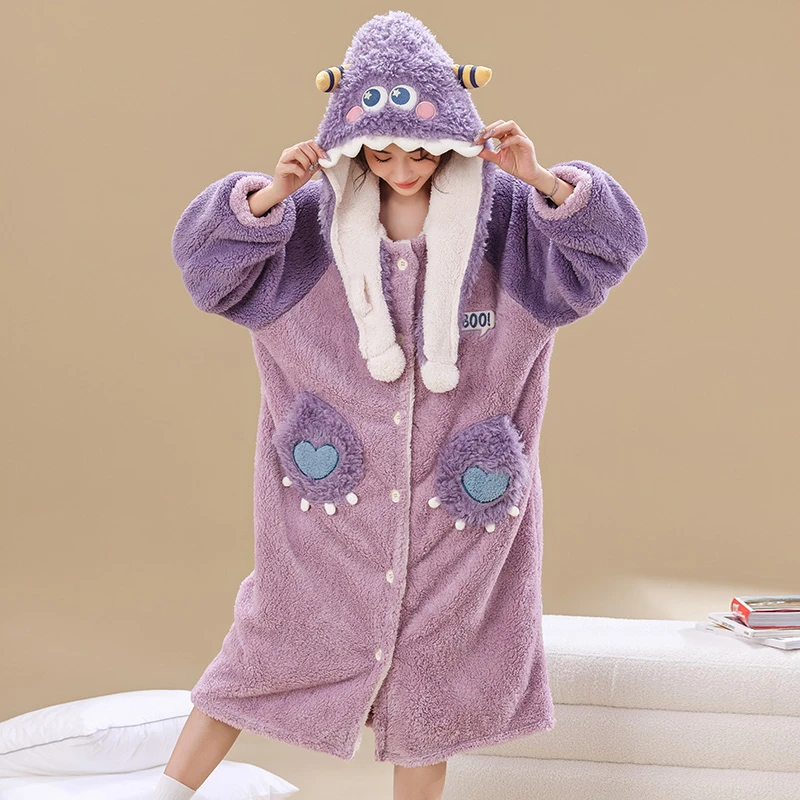小怪兽加厚睡衣珊瑚绒家居服睡袍冬季加绒秋冬(兔兔优选)中长款